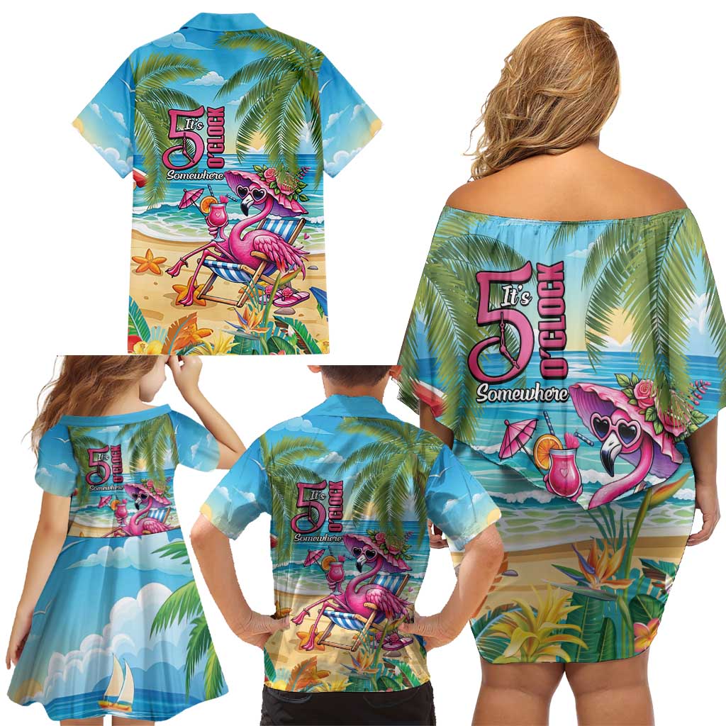Flamingo Aloha Hawaii Family Matching Off Shoulder Short Dress and Hawaiian Shirt It's 5 OClock Somewhere Tropical Vibes LT14 - Polynesian Pride