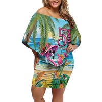 Flamingo Aloha Hawaii Family Matching Off Shoulder Short Dress and Hawaiian Shirt It's 5 OClock Somewhere Tropical Vibes LT14 Mom's Dress Blue - Polynesian Pride