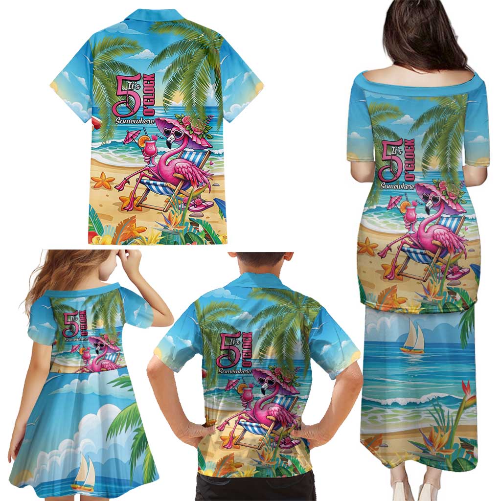 Flamingo Aloha Hawaii Family Matching Puletasi and Hawaiian Shirt It's 5 OClock Somewhere Tropical Vibes LT14 - Polynesian Pride