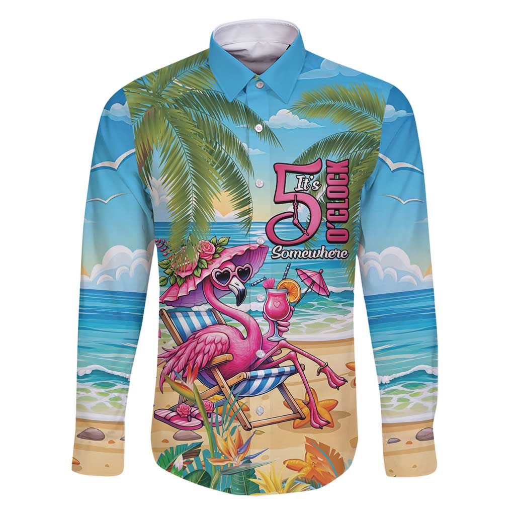 Flamingo Aloha Hawaii Family Matching Puletasi and Hawaiian Shirt It's 5 OClock Somewhere Tropical Vibes LT14 Dad's Shirt - Long Sleeve Blue - Polynesian Pride