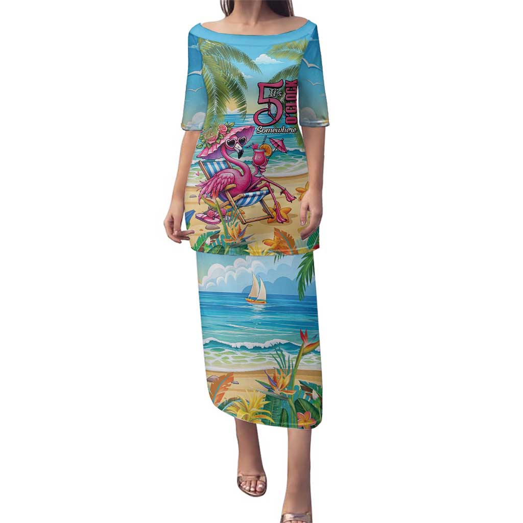 Flamingo Aloha Hawaii Family Matching Puletasi and Hawaiian Shirt It's 5 OClock Somewhere Tropical Vibes LT14 Mom's Dress Blue - Polynesian Pride