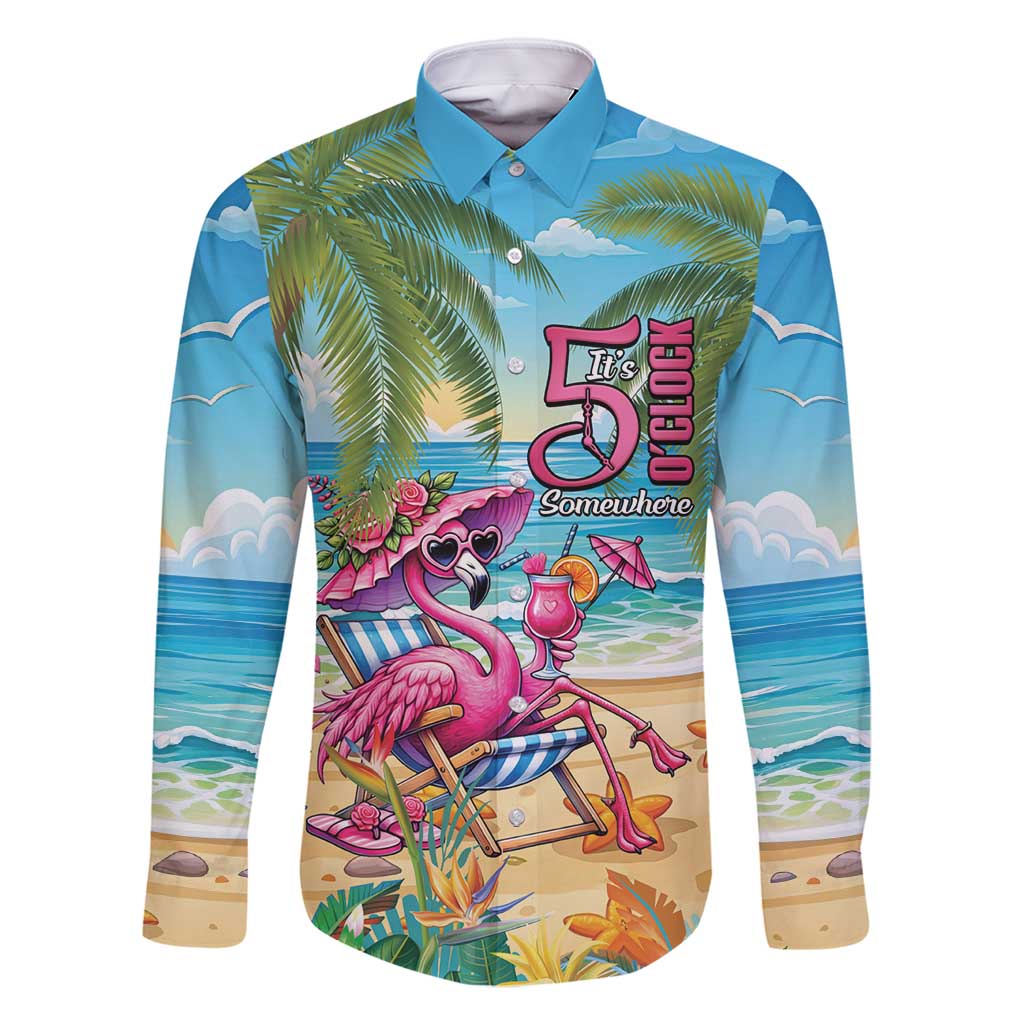 Flamingo Aloha Hawaii Family Matching Summer Maxi Dress and Hawaiian Shirt It's 5 OClock Somewhere Tropical Vibes LT14 Dad's Shirt - Long Sleeve Blue - Polynesian Pride