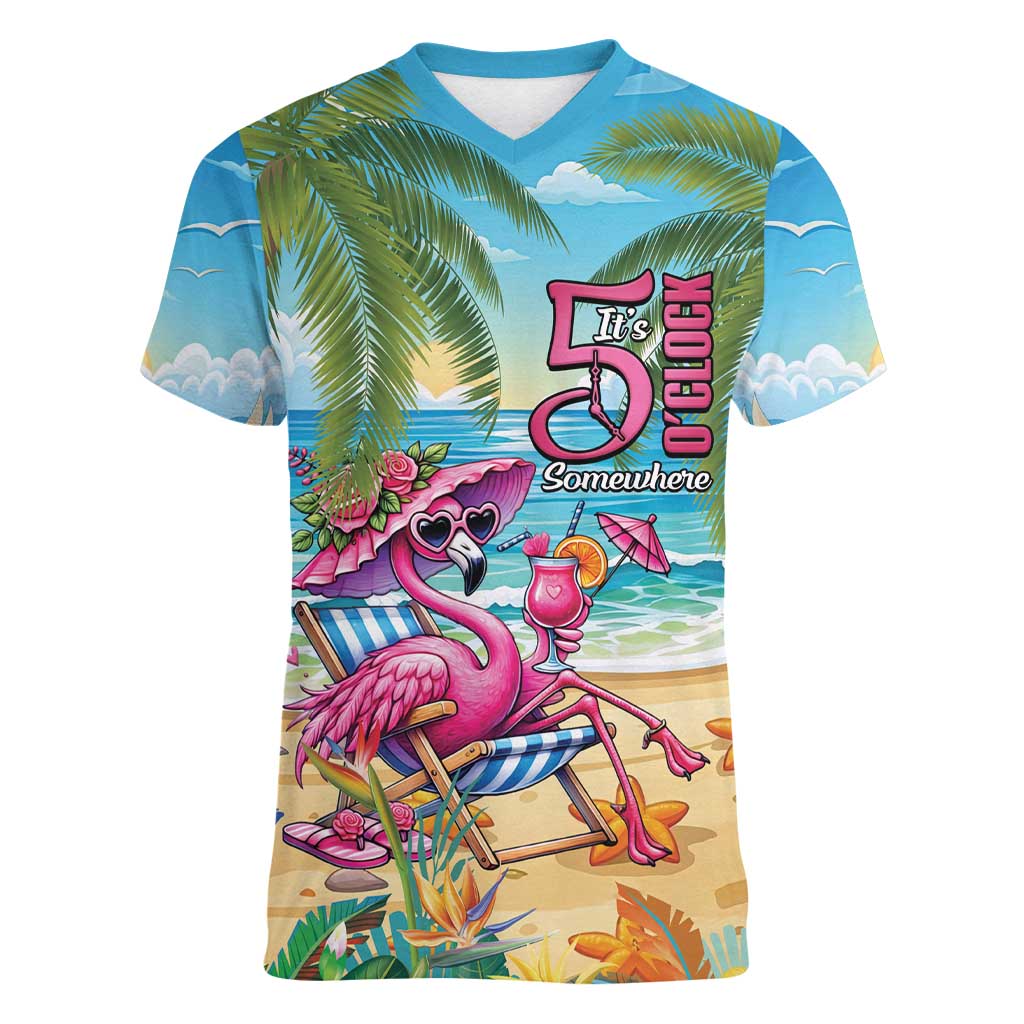 Flamingo Aloha Hawaii Women V-Neck T-Shirt It's 5 O’Clock Somewhere Tropical Vibes - Polynesian Pride