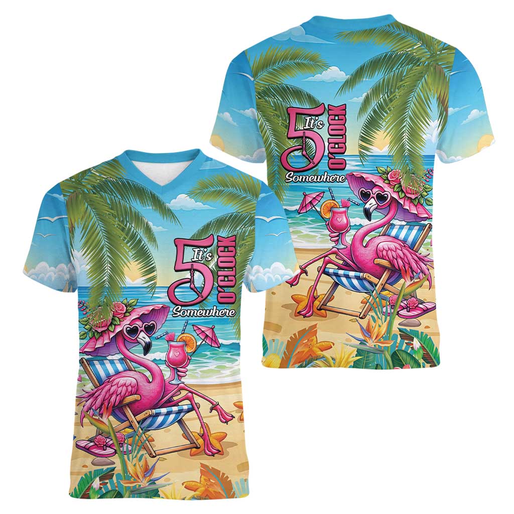 Flamingo Aloha Hawaii Women V-Neck T-Shirt It's 5 O’Clock Somewhere Tropical Vibes - Polynesian Pride