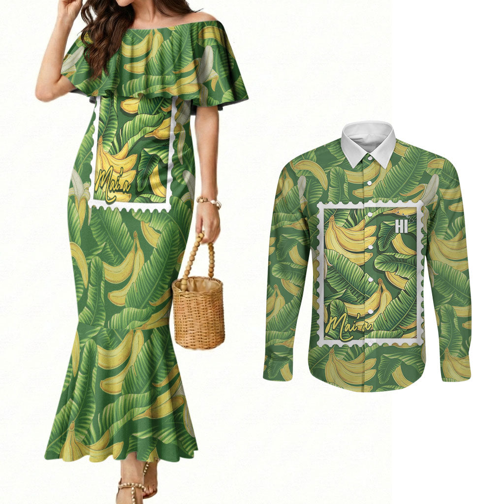 Aloha Hawaii Maia Couples Matching Mermaid Dress and Long Sleeve Button Shirt Hawaiian Banana Stylized Stamp LT14 Green - Polynesian Pride