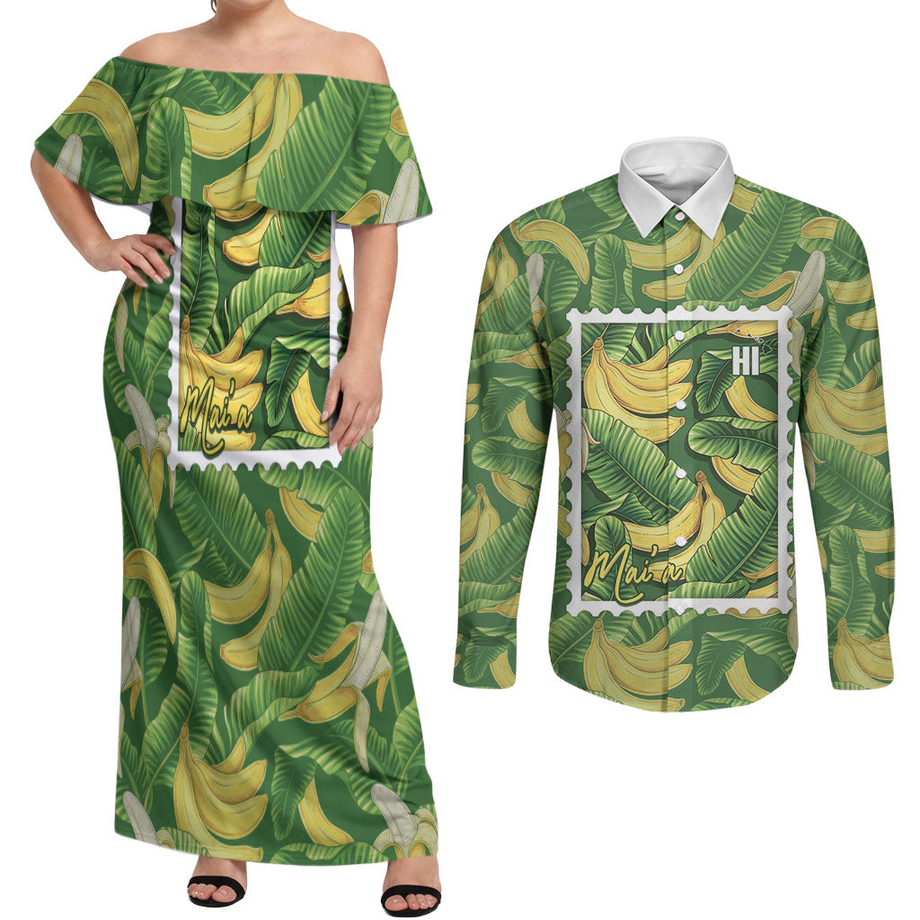 Aloha Hawaii Maia Couples Matching Off Shoulder Maxi Dress and Long Sleeve Button Shirt Hawaiian Banana Stylized Stamp