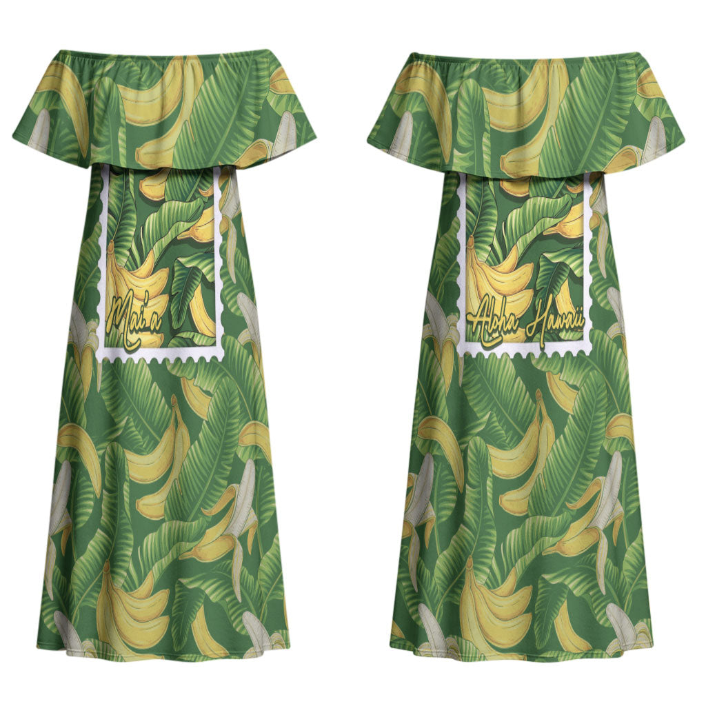 Aloha Hawaii Maia Couples Matching Off Shoulder Maxi Dress and Long Sleeve Button Shirt Hawaiian Banana Stylized Stamp LT14 - Polynesian Pride