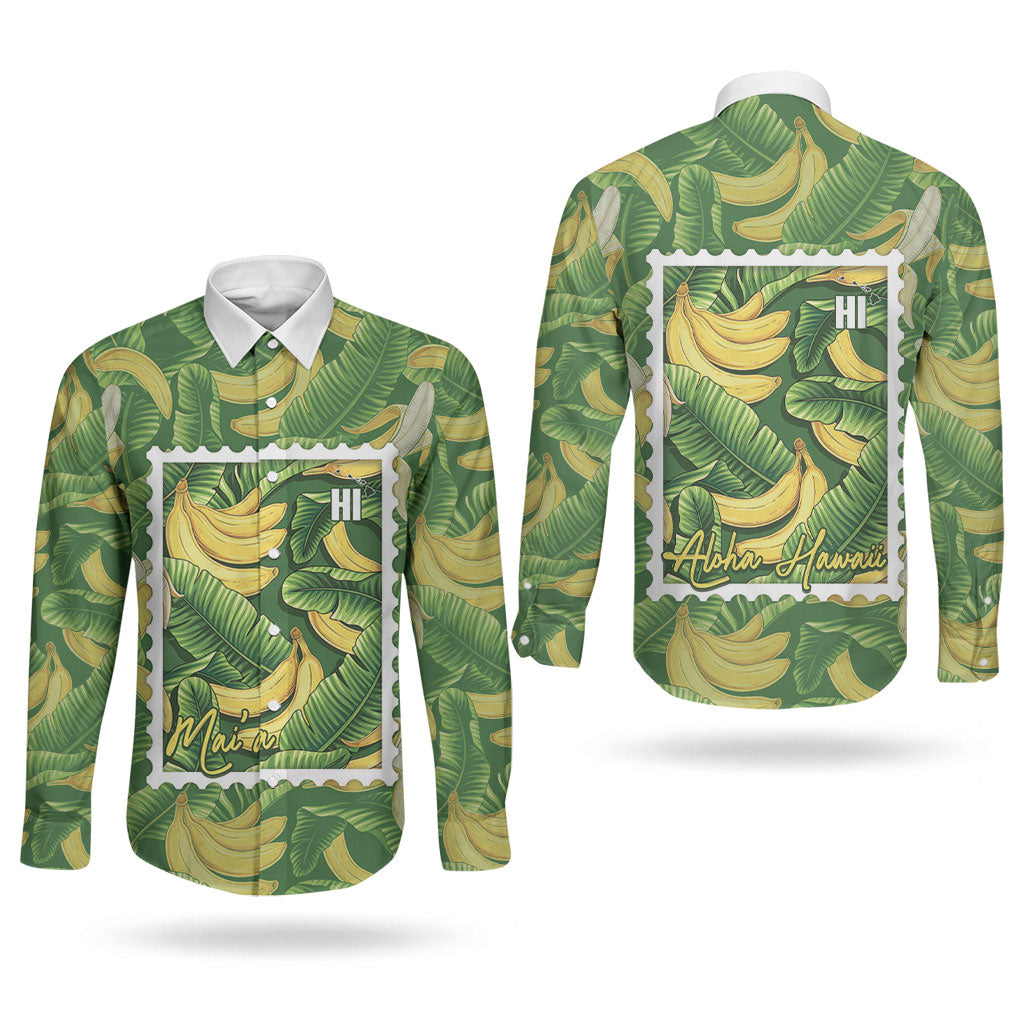 Aloha Hawaii Maia Couples Matching Off Shoulder Short Dress and Long Sleeve Button Shirt Hawaiian Banana Stylized Stamp LT14 - Polynesian Pride