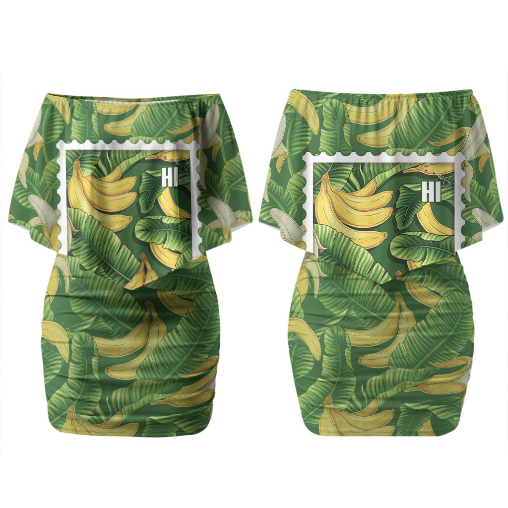 Aloha Hawaii Maia Couples Matching Off Shoulder Short Dress and Long Sleeve Button Shirt Hawaiian Banana Stylized Stamp LT14 - Polynesian Pride