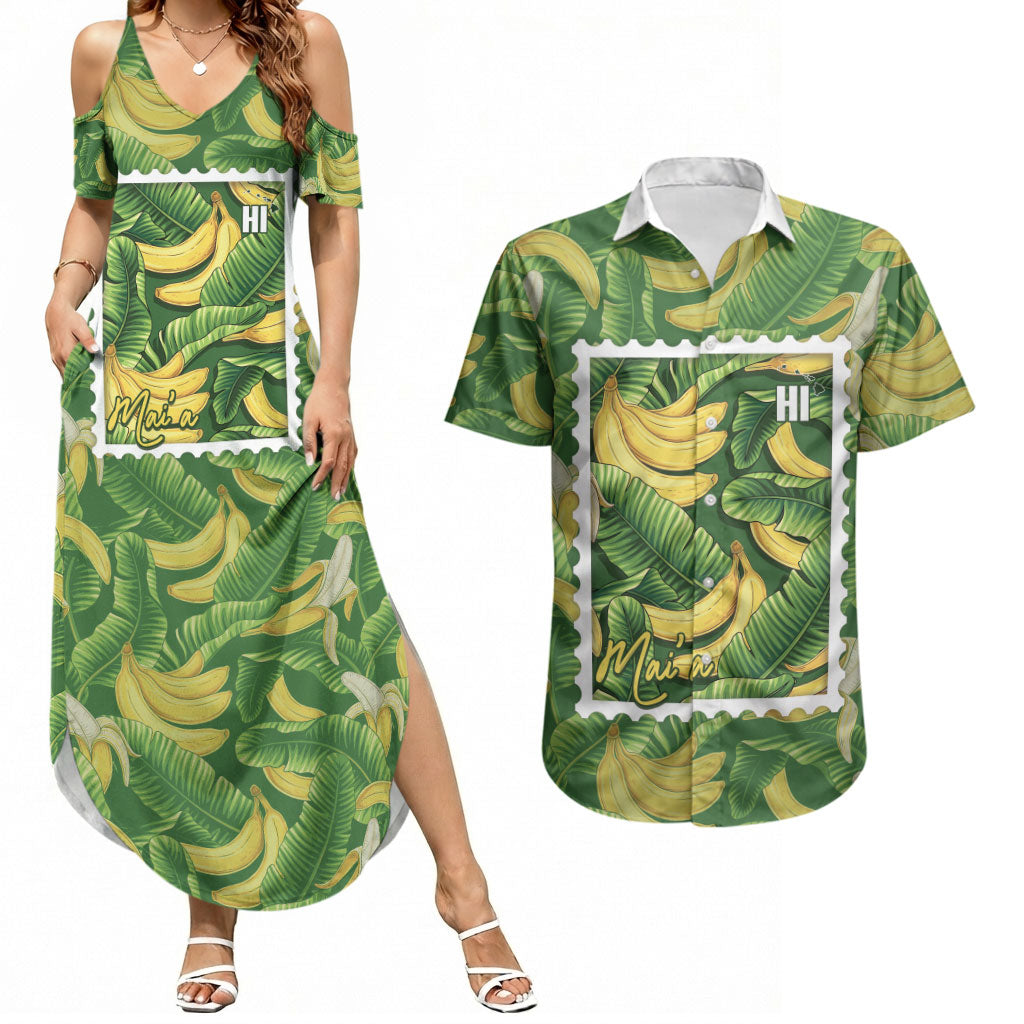 Aloha Hawaii Maia Couples Matching Summer Maxi Dress and Hawaiian Shirt Hawaiian Banana Stylized Stamp