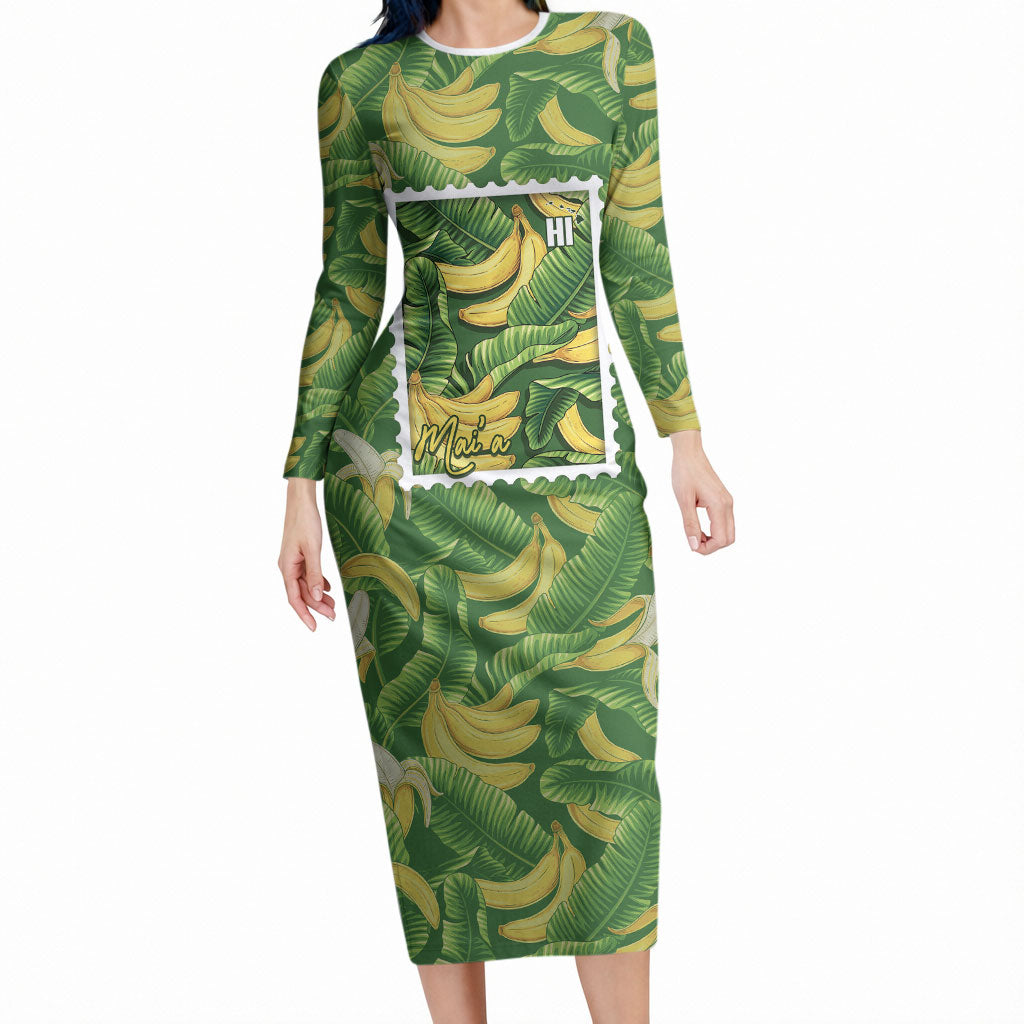 Aloha Hawaii Maia Long Sleeve Bodycon Dress Hawaiian Banana Stylized Stamp