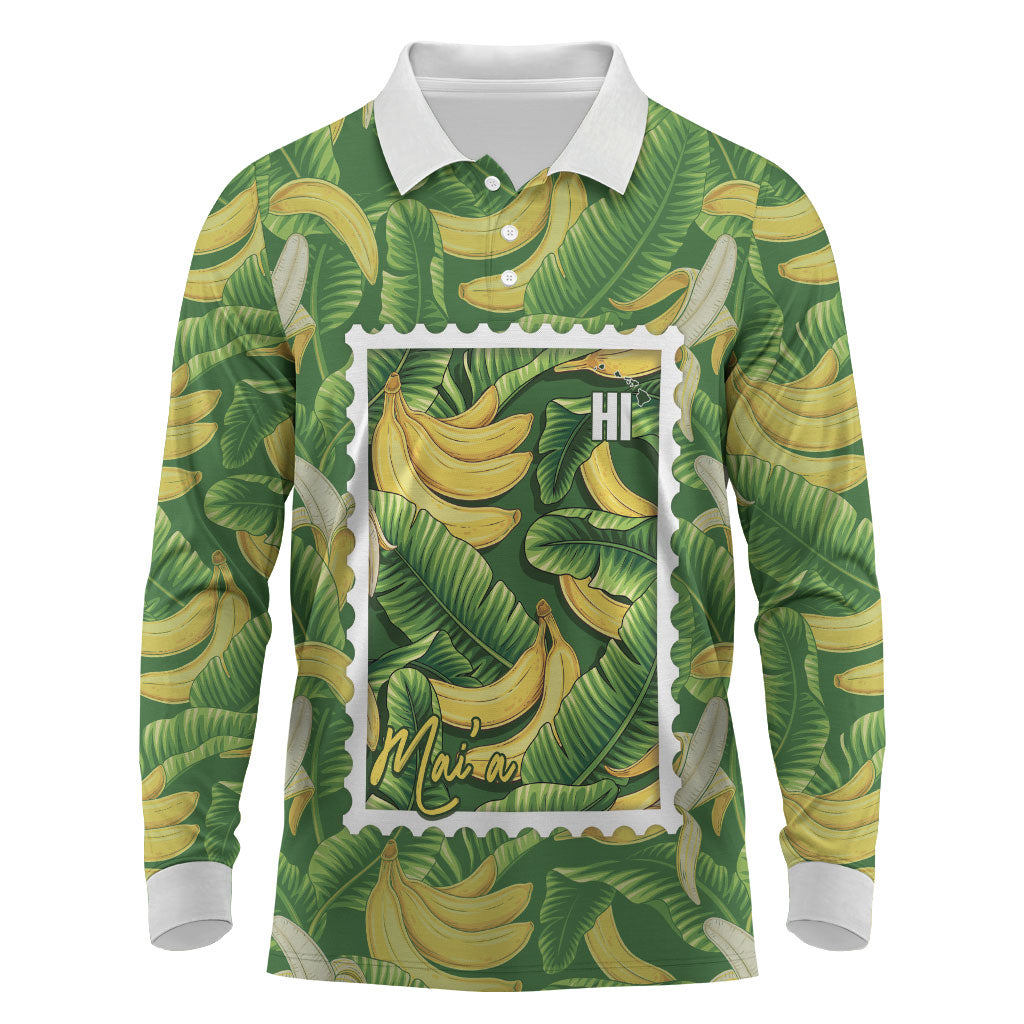 Aloha Hawaii Maia Long Sleeve Polo Shirt Hawaiian Banana Stylized Stamp