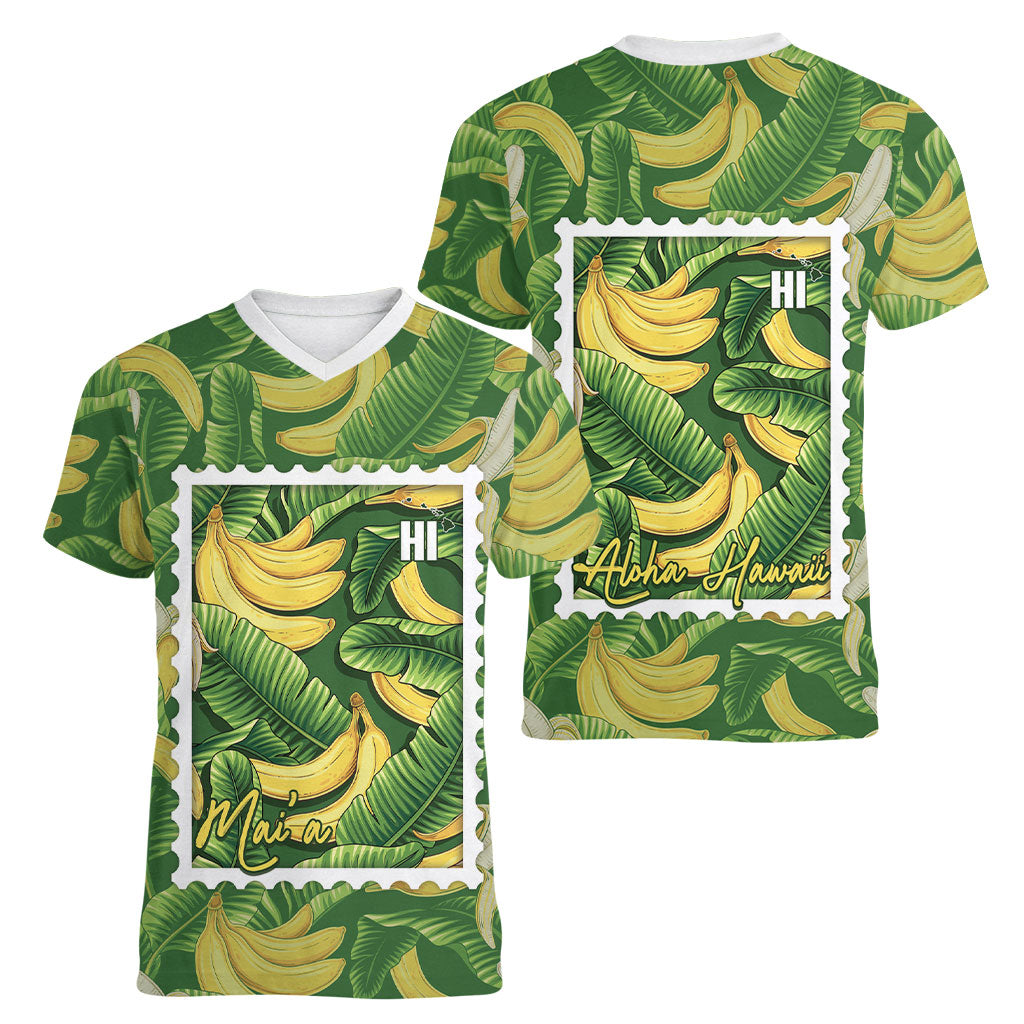 Aloha Hawaii Maia Women V-Neck T-Shirt Hawaiian Banana Stylized Stamp LT14 - Polynesian Pride