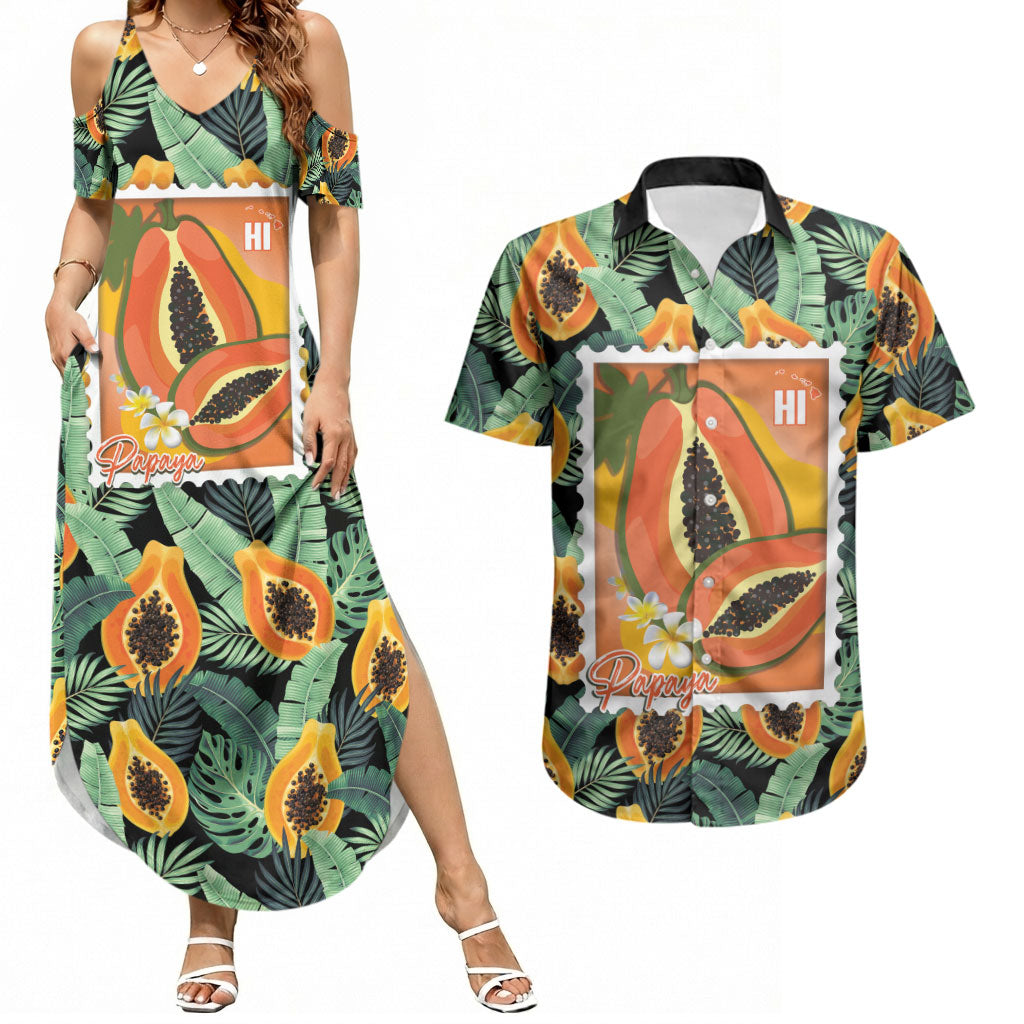 Aloha Hawaii Mikana Couples Matching Summer Maxi Dress and Hawaiian Shirt Hawaiian Papaya Stylized Stamp