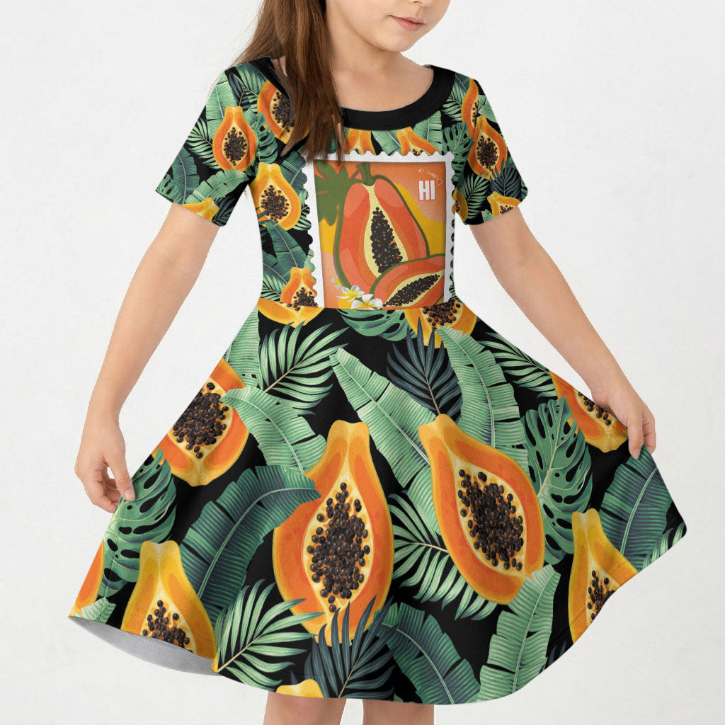 Aloha Hawaii Mikana Kid Short Sleeve Dress Hawaiian Papaya Stylized Stamp