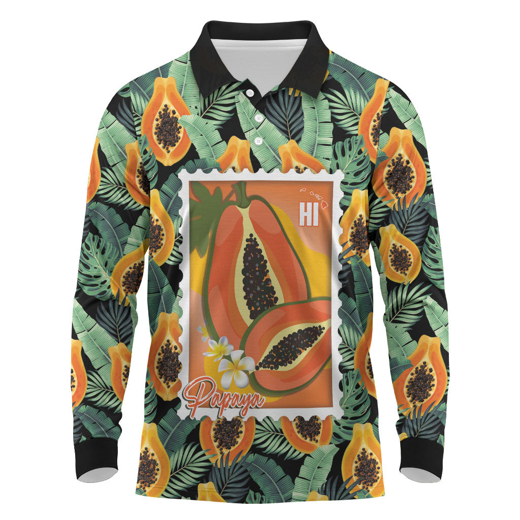 Aloha Hawaii Mikana Long Sleeve Polo Shirt Hawaiian Papaya Stylized Stamp