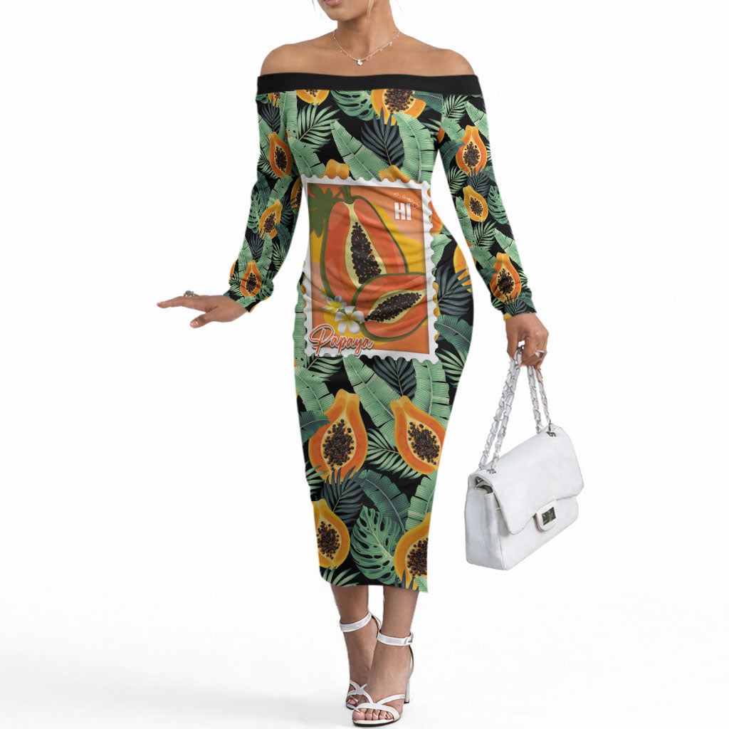 Aloha Hawaii Mikana Off The Shoulder Long Sleeve Dress Hawaiian Papaya Stylized Stamp LT14 Women Green - Polynesian Pride