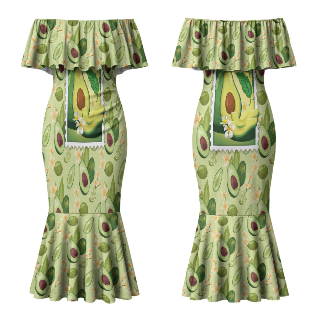 Aloha Hawaii Avocado Couples Matching Mermaid Dress and Long Sleeve Button Shirt Hawaiian Fruit Stylized Stamp LT14 - Polynesian Pride