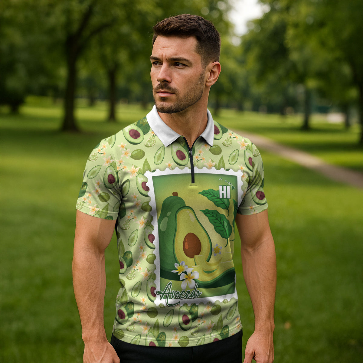 Aloha Hawaii Avocado Zipper Polo Shirt Hawaiian Fruit Stylized Stamp LT14 - Polynesian Pride
