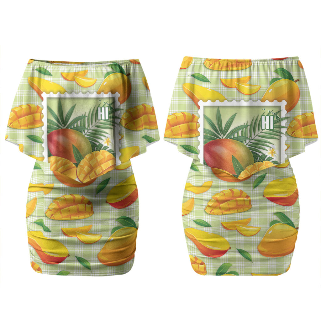Aloha Hawaii Manako Palaka Motifs Couples Matching Off Shoulder Short Dress and Long Sleeve Button Shirt Hawaiian Mango Stylized Stamp LT14 - Polynesian Pride