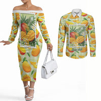 Aloha Hawaii Manako Palaka Motifs Couples Matching Off The Shoulder Long Sleeve Dress and Long Sleeve Button Shirt Hawaiian Mango Stylized Stamp LT14 Yellow - Polynesian Pride