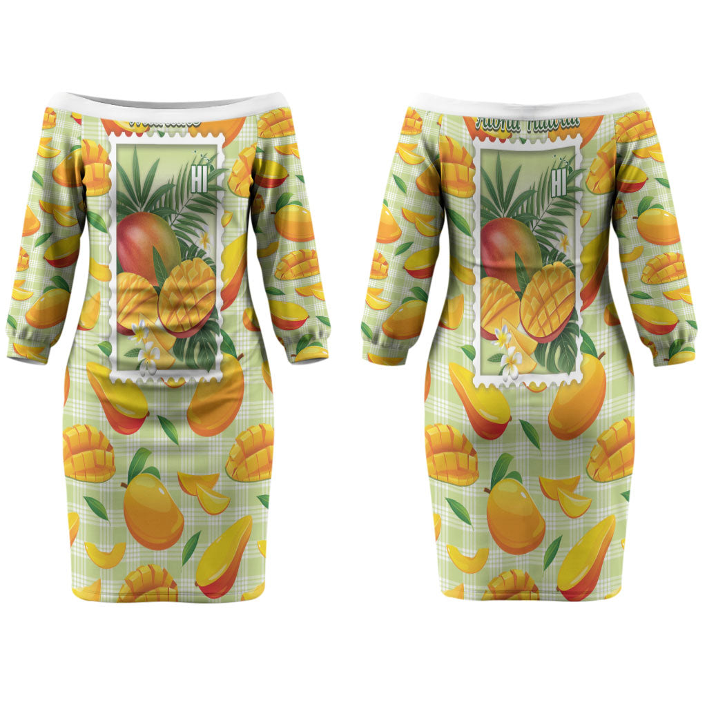Aloha Hawaii Manako Palaka Motifs Couples Matching Off The Shoulder Long Sleeve Dress and Long Sleeve Button Shirt Hawaiian Mango Stylized Stamp LT14 - Polynesian Pride