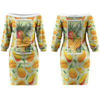 Aloha Hawaii Manako Palaka Motifs Couples Matching Off The Shoulder Long Sleeve Dress and Long Sleeve Button Shirt Hawaiian Mango Stylized Stamp LT14 - Polynesian Pride