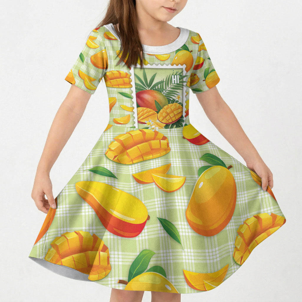 Aloha Hawaii Manako Palaka Motifs Kid Short Sleeve Dress Hawaiian Mango Stylized Stamp