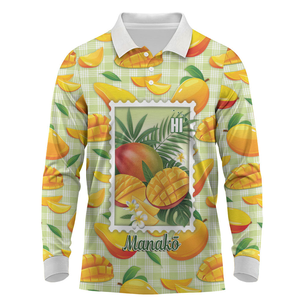 Aloha Hawaii Manako Palaka Motifs Long Sleeve Polo Shirt Hawaiian Mango Stylized Stamp