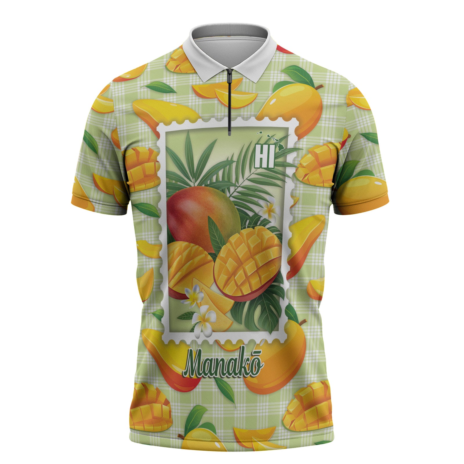 Aloha Hawaii Manako Palaka Motifs Zipper Polo Shirt Hawaiian Mango Stylized Stamp LT14 Yellow - Polynesian Pride
