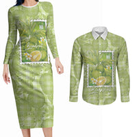Aloha Hawaii Ulu Palaka Motifs Couples Matching Long Sleeve Bodycon Dress and Long Sleeve Button Shirt Hawaiian Breadfruit Stylized Stamp LT14 Green - Polynesian Pride