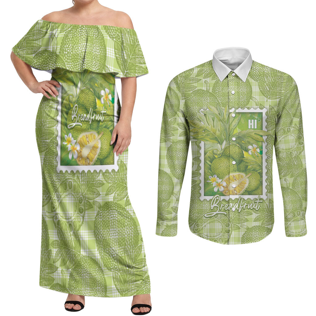 Aloha Hawaii Ulu Palaka Motifs Couples Matching Off Shoulder Maxi Dress and Long Sleeve Button Shirt Hawaiian Breadfruit Stylized Stamp