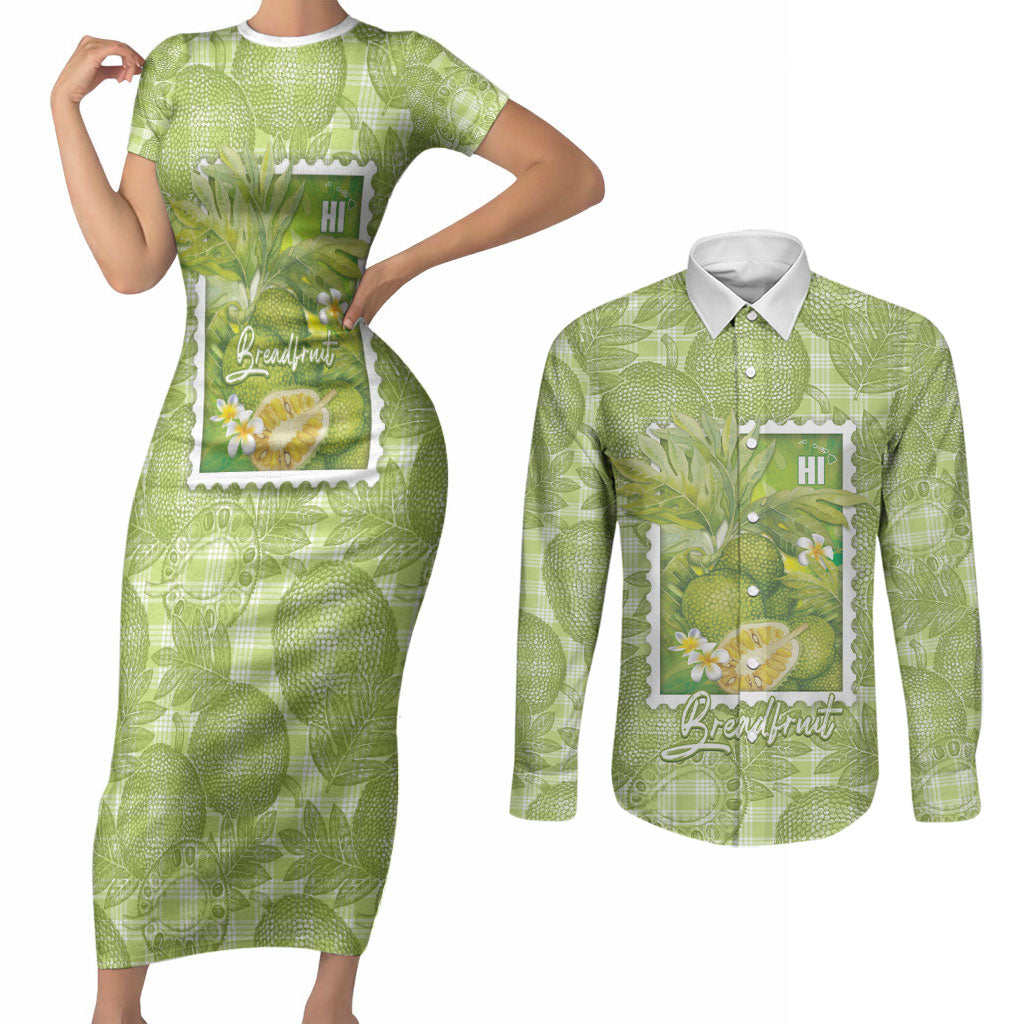 Aloha Hawaii Ulu Palaka Motifs Couples Matching Short Sleeve Bodycon Dress and Long Sleeve Button Shirt Hawaiian Breadfruit Stylized Stamp