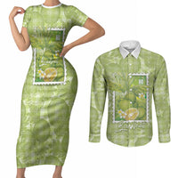 Aloha Hawaii Ulu Palaka Motifs Couples Matching Short Sleeve Bodycon Dress and Long Sleeve Button Shirt Hawaiian Breadfruit Stylized Stamp LT14 Green - Polynesian Pride