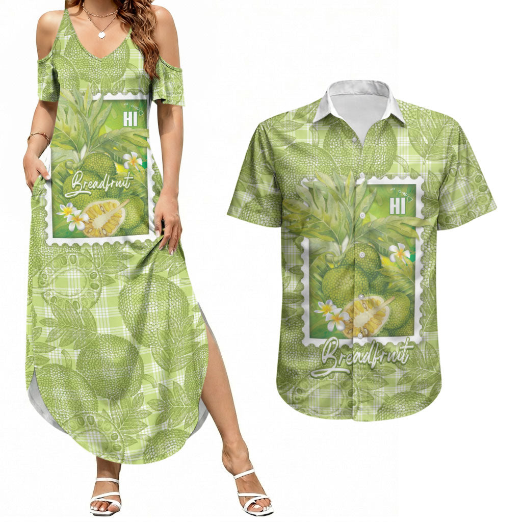 Aloha Hawaii Ulu Palaka Motifs Couples Matching Summer Maxi Dress and Hawaiian Shirt Hawaiian Breadfruit Stylized Stamp