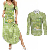Aloha Hawaii Ulu Palaka Motifs Couples Matching Summer Maxi Dress and Long Sleeve Button Shirt Hawaiian Breadfruit Stylized Stamp LT14 Green - Polynesian Pride