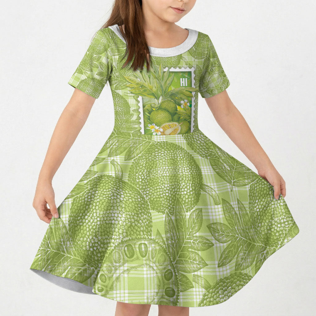 Aloha Hawaii Ulu Palaka Motifs Kid Short Sleeve Dress Hawaiian Breadfruit Stylized Stamp