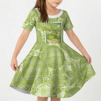 Aloha Hawaii Ulu Palaka Motifs Kid Short Sleeve Dress Hawaiian Breadfruit Stylized Stamp LT14 KID Green - Polynesian Pride