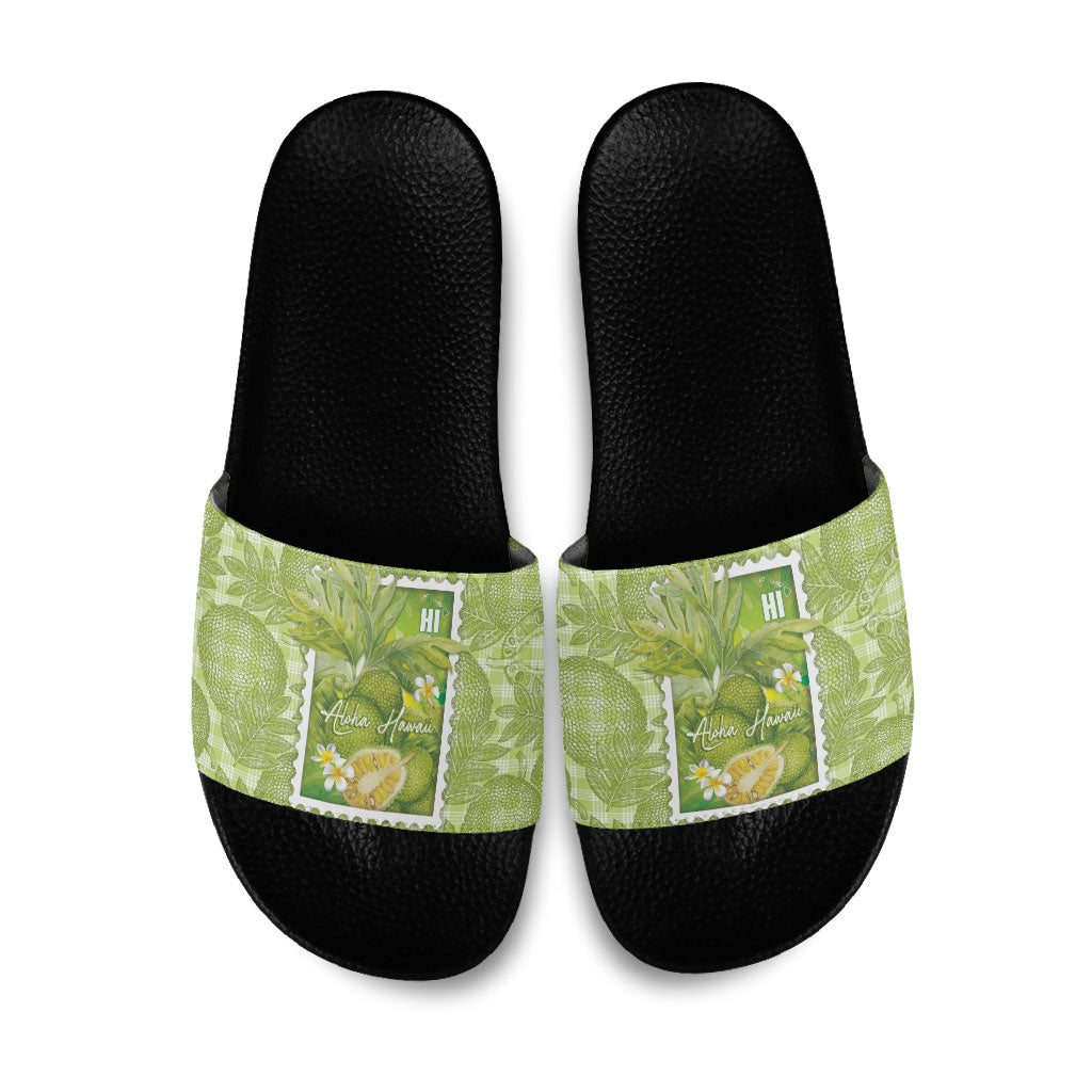 Aloha Hawaii Ulu Palaka Motifs Slide Sandals Hawaiian Breadfruit Stylized Stamp