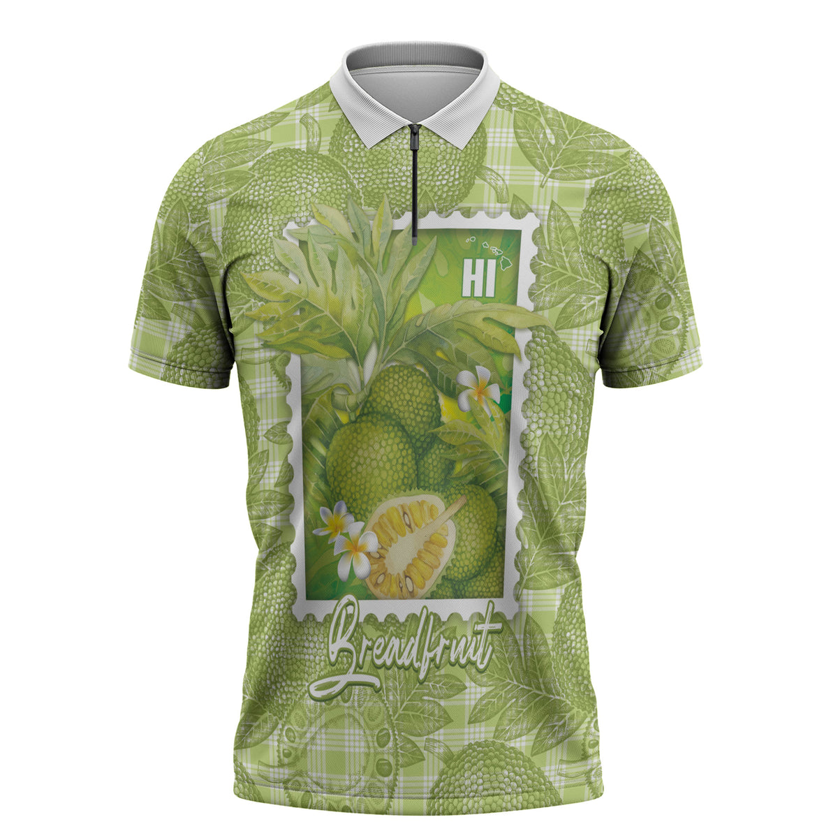 Aloha Hawaii Ulu Palaka Motifs Zipper Polo Shirt Hawaiian Breadfruit Stylized Stamp LT14 Green - Polynesian Pride