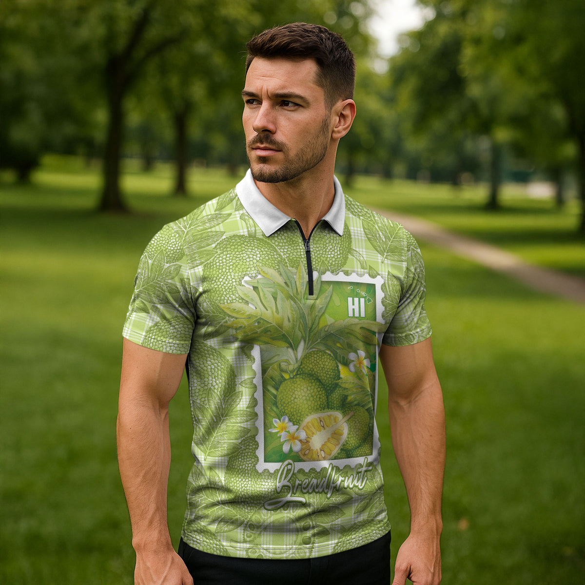 Aloha Hawaii Ulu Palaka Motifs Zipper Polo Shirt Hawaiian Breadfruit Stylized Stamp LT14 - Polynesian Pride