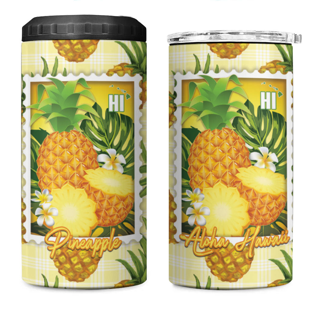 Aloha Hawaii Hala Kahiki Palaka Motifs 4 in 1 Can Cooler Tumbler Hawaiian Pineapple Stylized Stamp