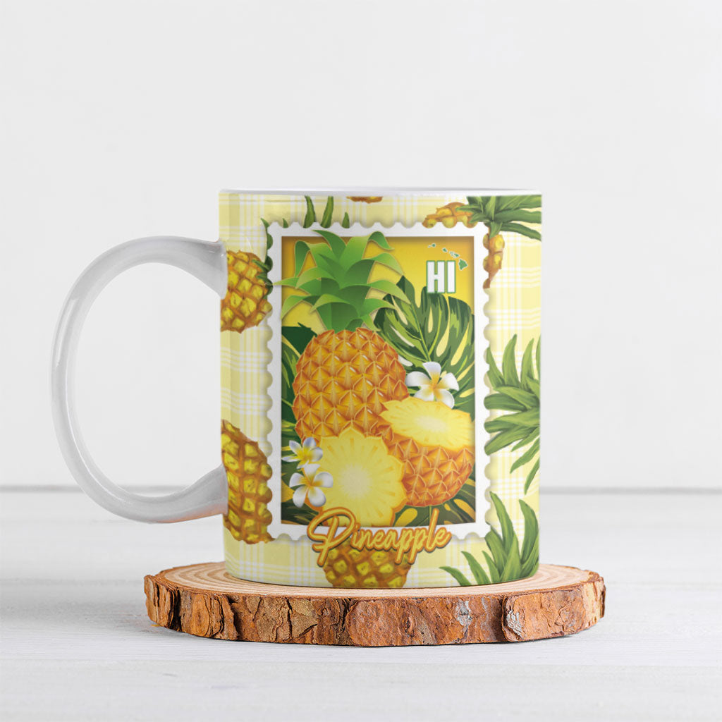 Aloha Hawaii Hala Kahiki Palaka Motifs Ceramic Mug Hawaiian Pineapple Stylized Stamp
