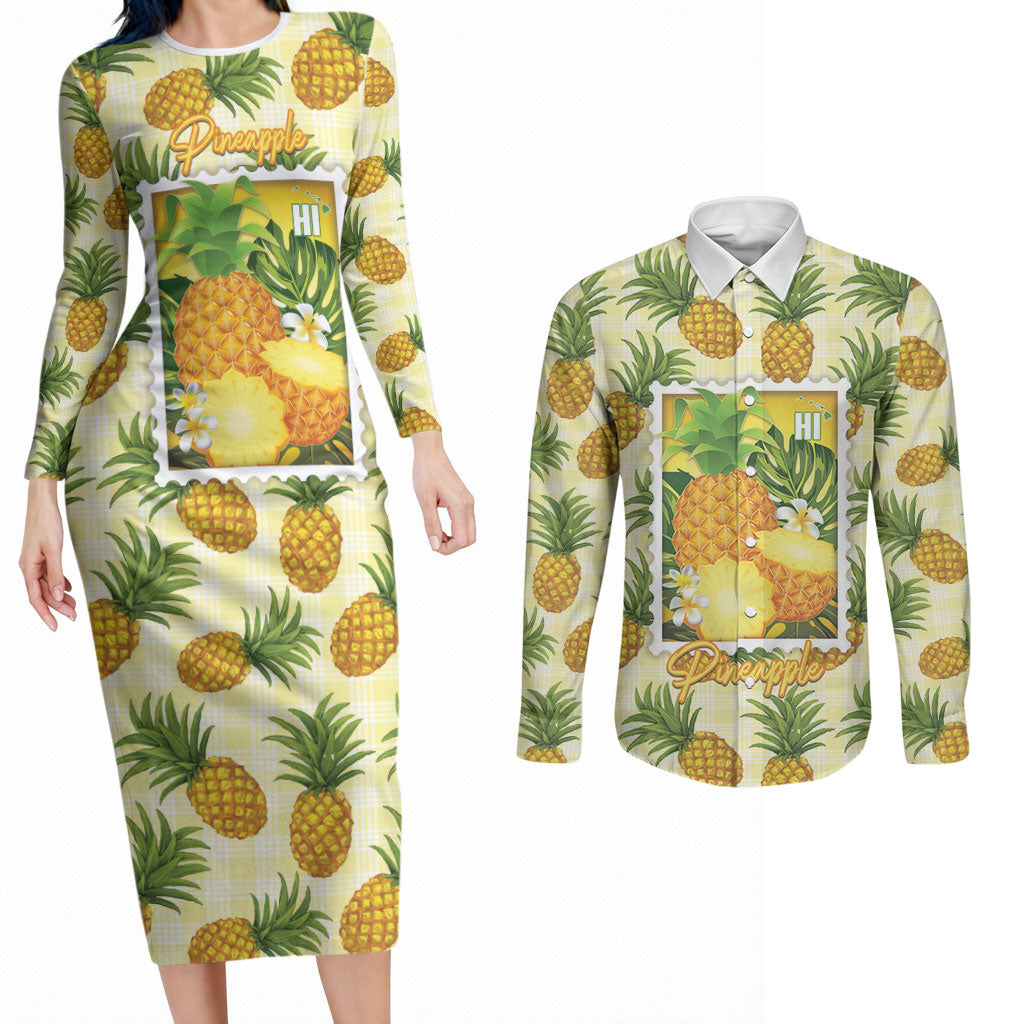 Aloha Hawaii Hala Kahiki Palaka Motifs Couples Matching Long Sleeve Bodycon Dress and Long Sleeve Button Shirt Hawaiian Pineapple Stylized Stamp LT14 Yellow - Polynesian Pride