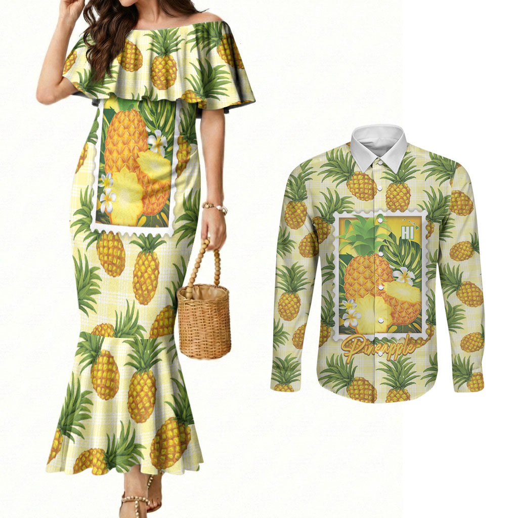 Aloha Hawaii Hala Kahiki Palaka Motifs Couples Matching Mermaid Dress and Long Sleeve Button Shirt Hawaiian Pineapple Stylized Stamp
