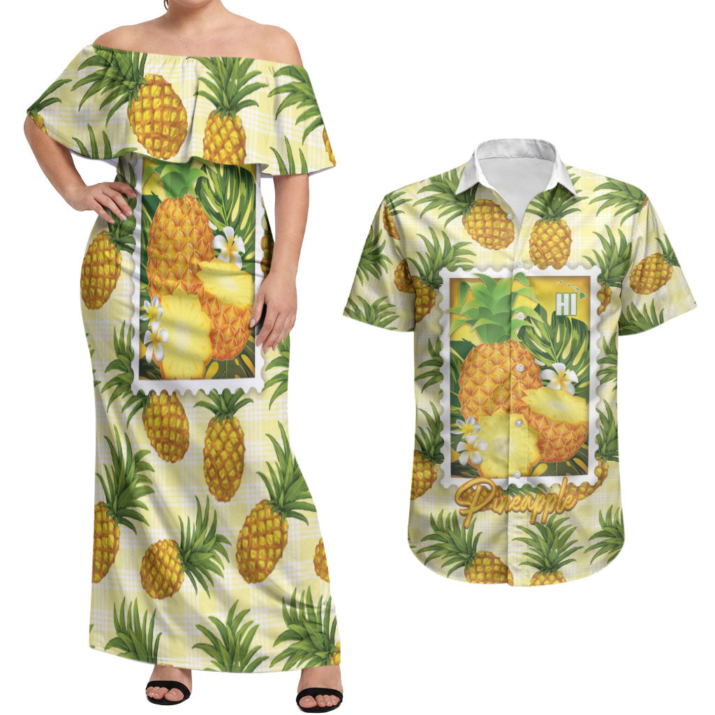 Aloha Hawaii Hala Kahiki Palaka Motifs Couples Matching Off Shoulder Maxi Dress and Hawaiian Shirt Hawaiian Pineapple Stylized Stamp