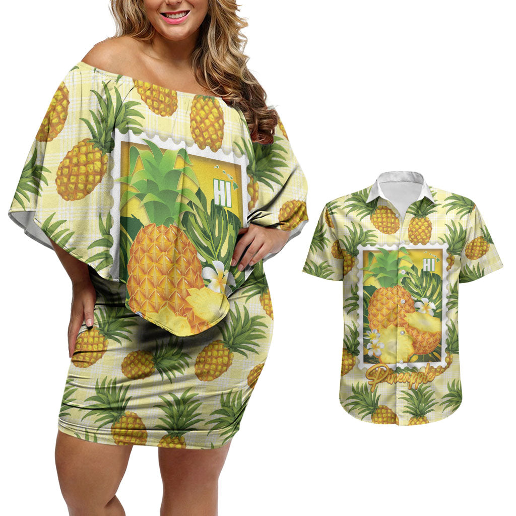 Aloha Hawaii Hala Kahiki Palaka Motifs Couples Matching Off Shoulder Short Dress and Hawaiian Shirt Hawaiian Pineapple Stylized Stamp