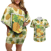 Aloha Hawaii Hala Kahiki Palaka Motifs Couples Matching Off Shoulder Short Dress and Hawaiian Shirt Hawaiian Pineapple Stylized Stamp LT14 Yellow - Polynesian Pride