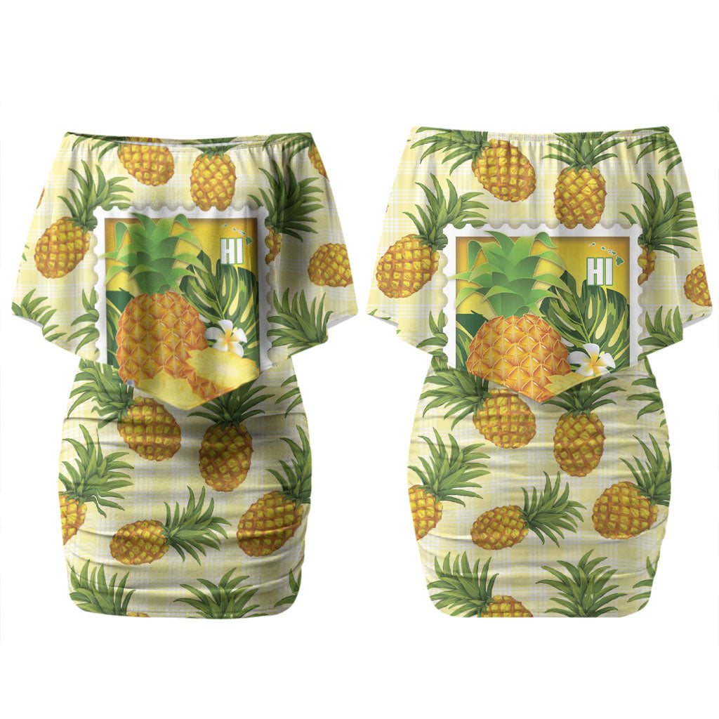 Aloha Hawaii Hala Kahiki Palaka Motifs Couples Matching Off Shoulder Short Dress and Hawaiian Shirt Hawaiian Pineapple Stylized Stamp LT14 - Polynesian Pride