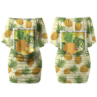 Aloha Hawaii Hala Kahiki Palaka Motifs Couples Matching Off Shoulder Short Dress and Hawaiian Shirt Hawaiian Pineapple Stylized Stamp LT14 - Polynesian Pride